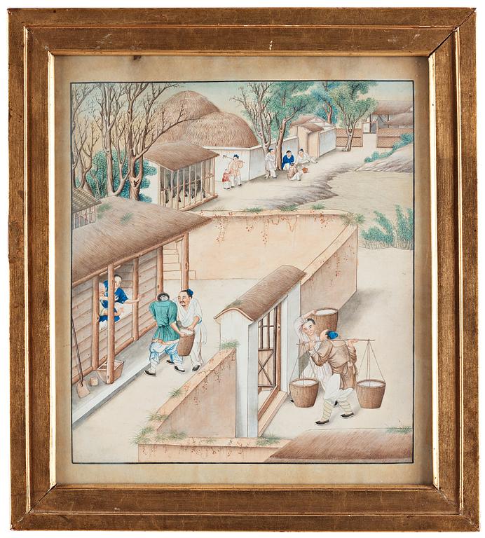 AKVARELLER, nio stycken. Okänd konstnär, Qingdynastin, 1800-tal.