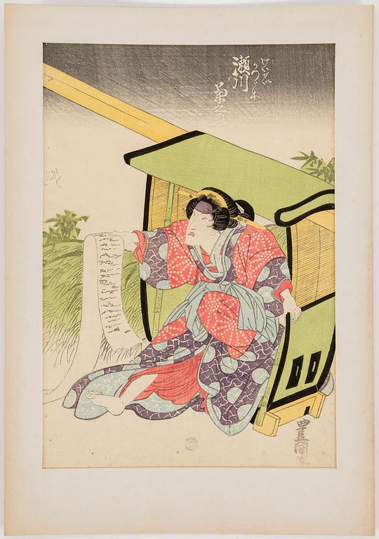 UTAGAWA KUNISADA, även kallad Toyokuni III (1786-1864) samt TOYOKUNI II (1777-1835) färgträsnitt, tre stycken. Japan.