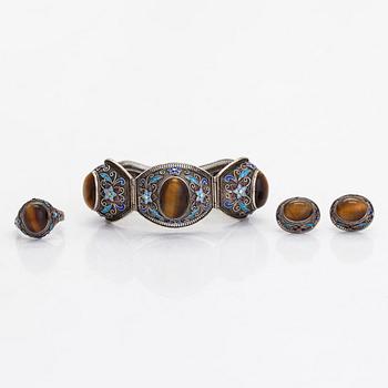A jewelry set, bracelet, ring, and earrings, silver .916, enamel, and tiger's eye, Finnish import hallmarks 1956.