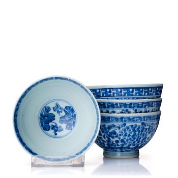 903. A set of four blue and white bowls, Qing dynasty, 18th Century with Yongzhengs mark.