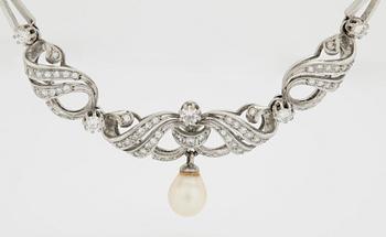A NECKLACE set with round brilliant-cut diamonds and cultured pearls.