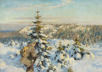 Thure Wallner, Vinterlandskap med jägare och räv.