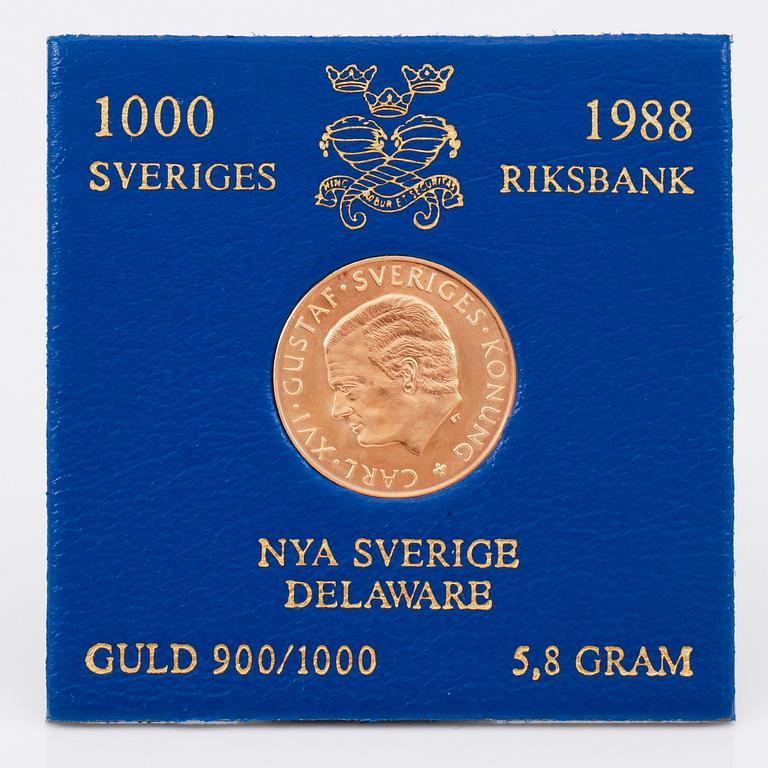 GULDMYNT, 1000 kr, Nya Sverige Delaware, Carl XVI Gustaf, 1988. Vikt ca 5,8 g.