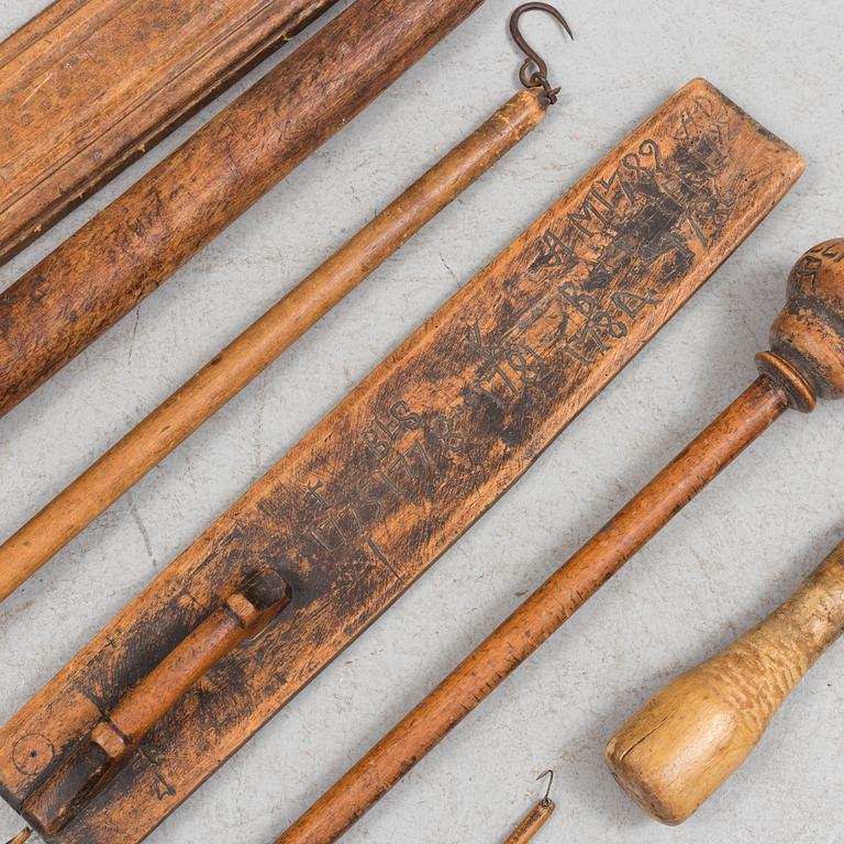 wooden tools for flax preparation and scale bessmans, 7 pieces, Sweden 18th-/19th century.