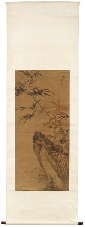 A hanging scroll of a grasshopper in a garden, Qing dynasty.
