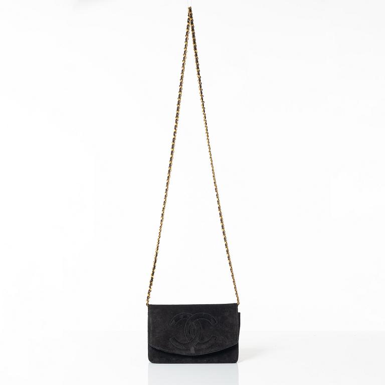 Chanel, A black suede vintage purse / wallet on chain.