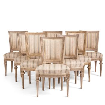 An assembled suite of eight Gustavian chairs, six of which by J. Lindgren (master 1770-1800).