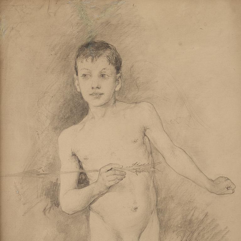 CARL LARSSON, blyerts, signerad Carl Larsson och daterad Juni 1876. "Stående naken gosse med pil i handen".