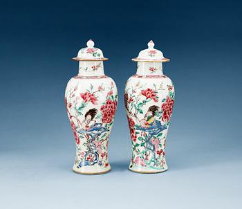 1448. A pair of famille rose 'rooster' vases with covers, Qing dynasty, Qianlong (1736-95).