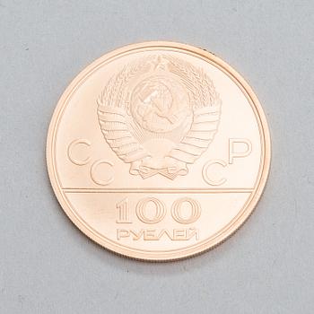 A Soviet 100 Roubles 1980 Moscow, XXII Olympics Gold Coin, 1979.