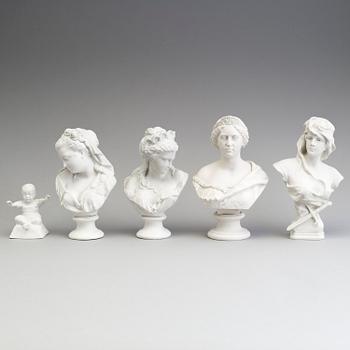 FOUR PARIAN BUSTS AND A FIGURE, Gustafsberg ca 1900.