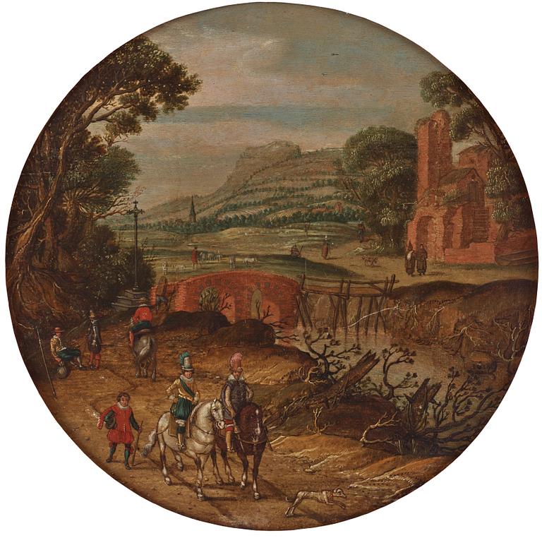 Esaias van de Velde Circle of, landscape with travelers beside a monastery.