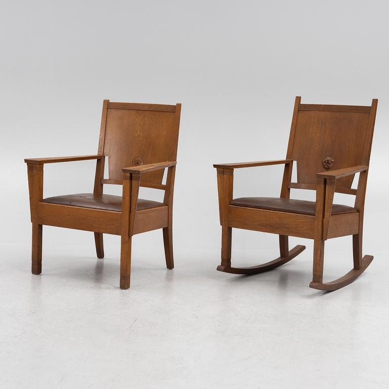 Nordiska Kompaniet, fåtölj samt gungstol, "Ringen", jugend, 1907.