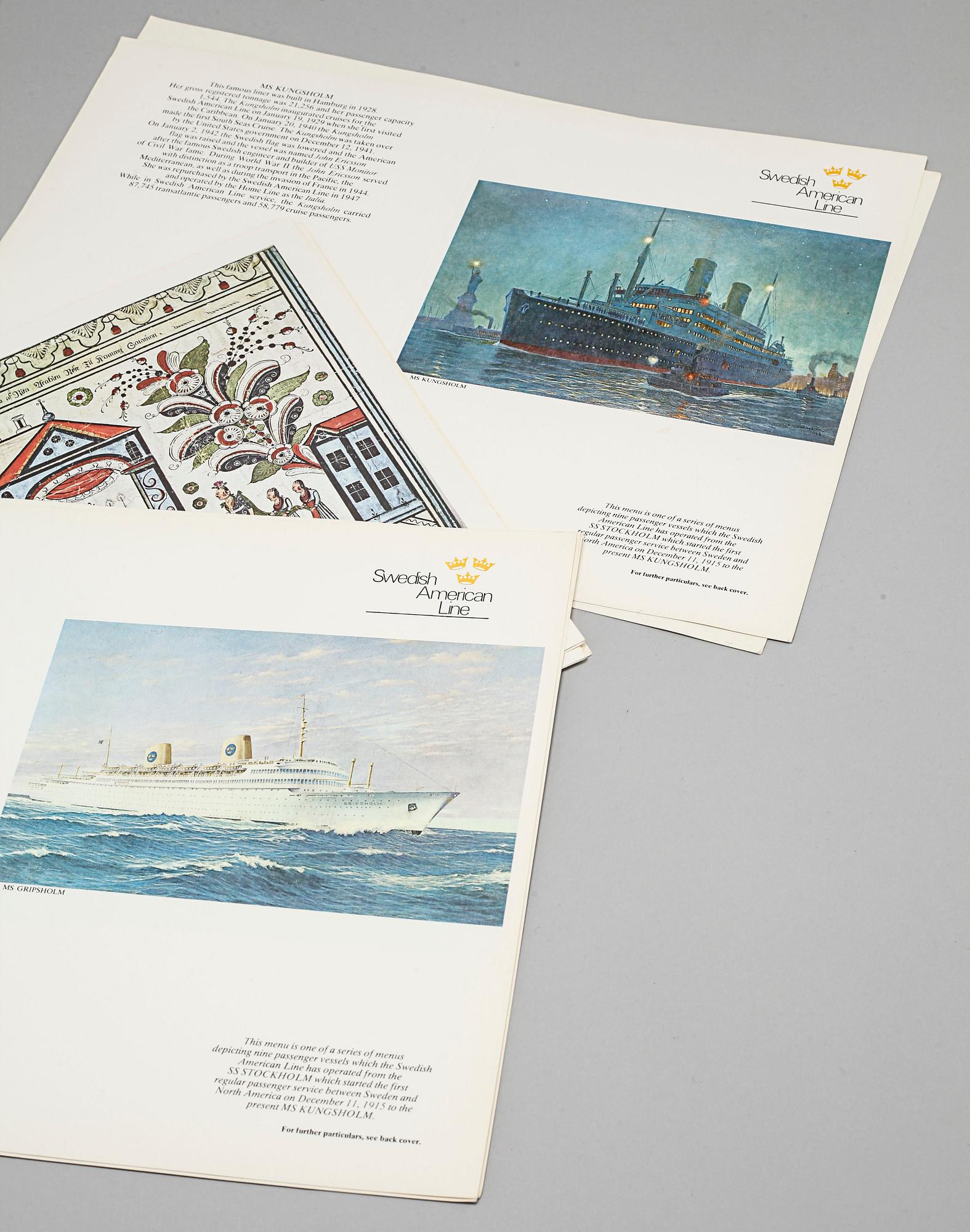 Memorabilia from the Swedish American Line, meny folders and postcards, 20th century.