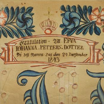 A set of three folk art commemorative paintings, 19th century.