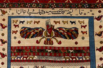 A pictoral Qashqai rug, Southwest Persia, c. 222 x 152 cm.