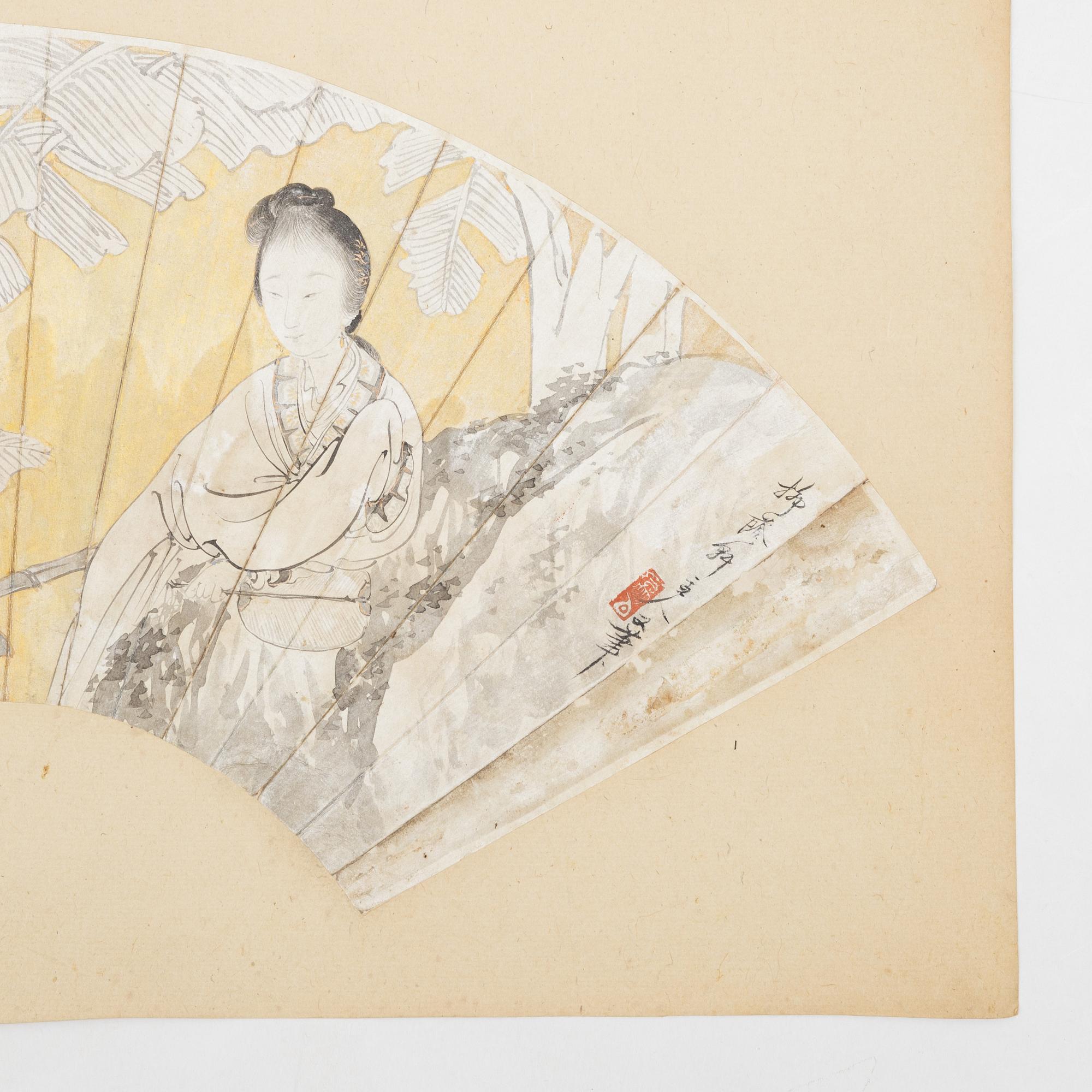 Unidentified artist, so-called "Fan painting", Elegant lady in a garden with banana trees, China, 20th century.