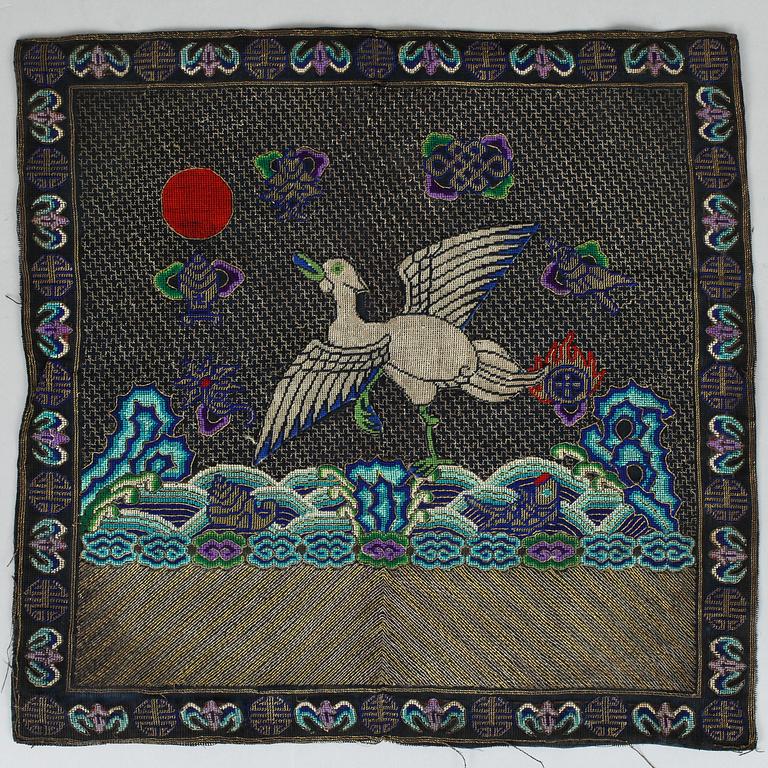 RANK BADGES, 8 pieces, silk, so called Buzis. Around 28-33 x 29,5-33,5 cm each. China around 1900.