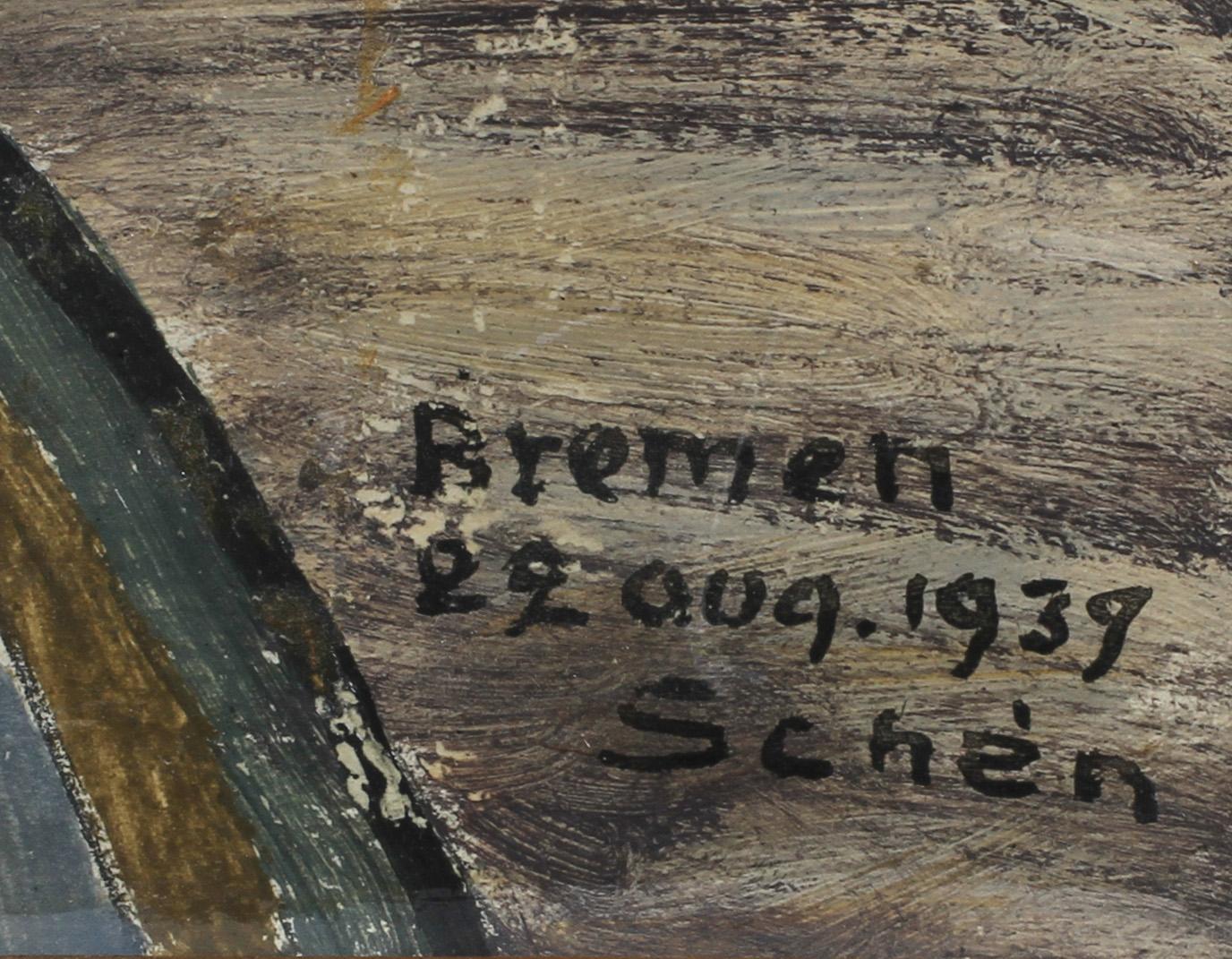 OKÄND KONSTNÄR, olja på papp, sign Schèn, dat -39 2 Aug Bremen.