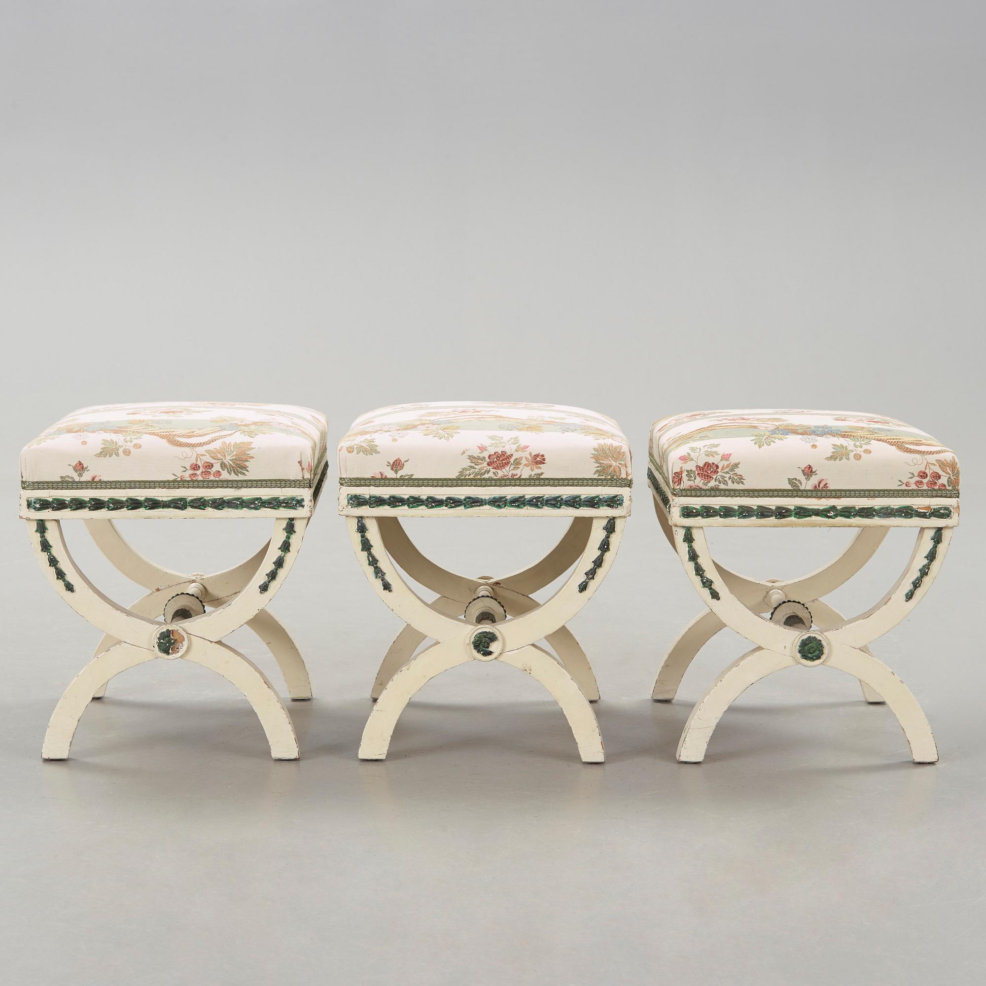 Three painted late gustavian stools c. year 1800.