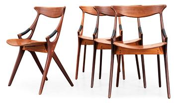 490. A set of four Arne Hovmand-Olsen teak and mahogany chairs, Mogens Kold, A/S Kerteminde, Denmark 1950's.