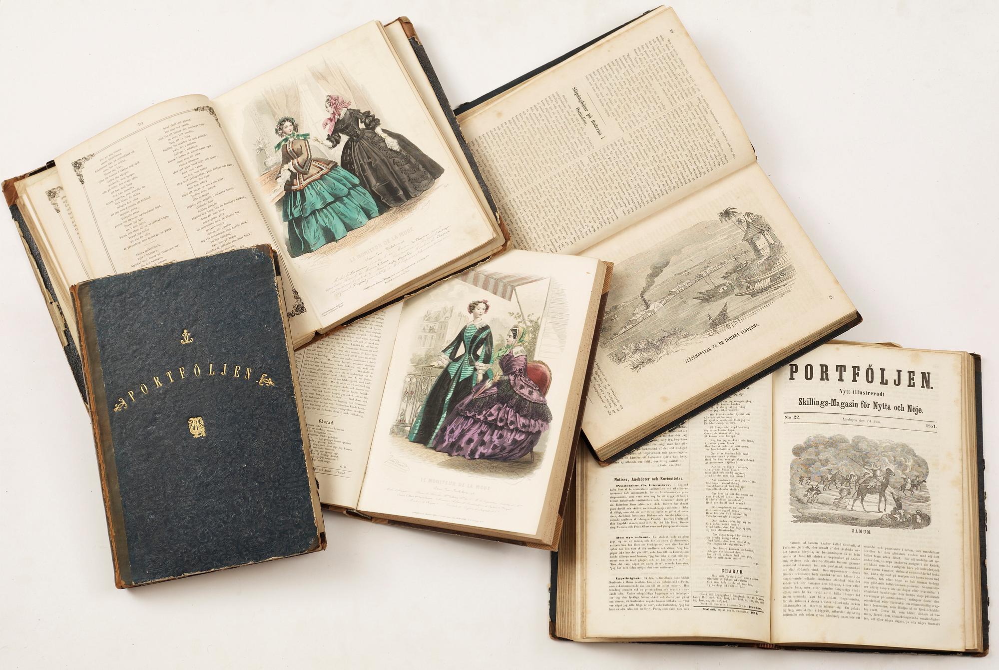 INBUNDEN TIDSKRIFT, 7 vol, "Portföljen...Skillings-Magasin för nytta och nöje", 1849-58.