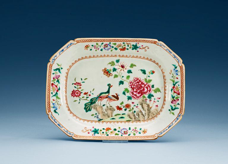 A famille rose 'double peacock' serving dish, Qing dynasty, Qianlong (1736-95).