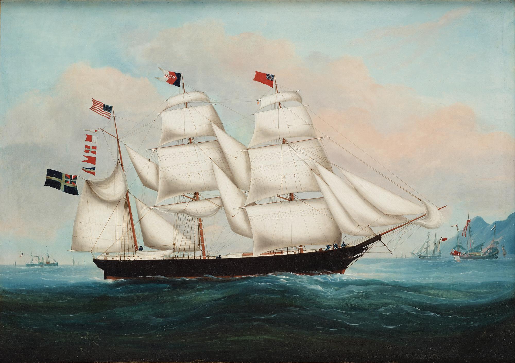 An oil painting by a Chinese artist of the ship "Falco" outside Hong Kong, Qing dynasty, circa 1865.