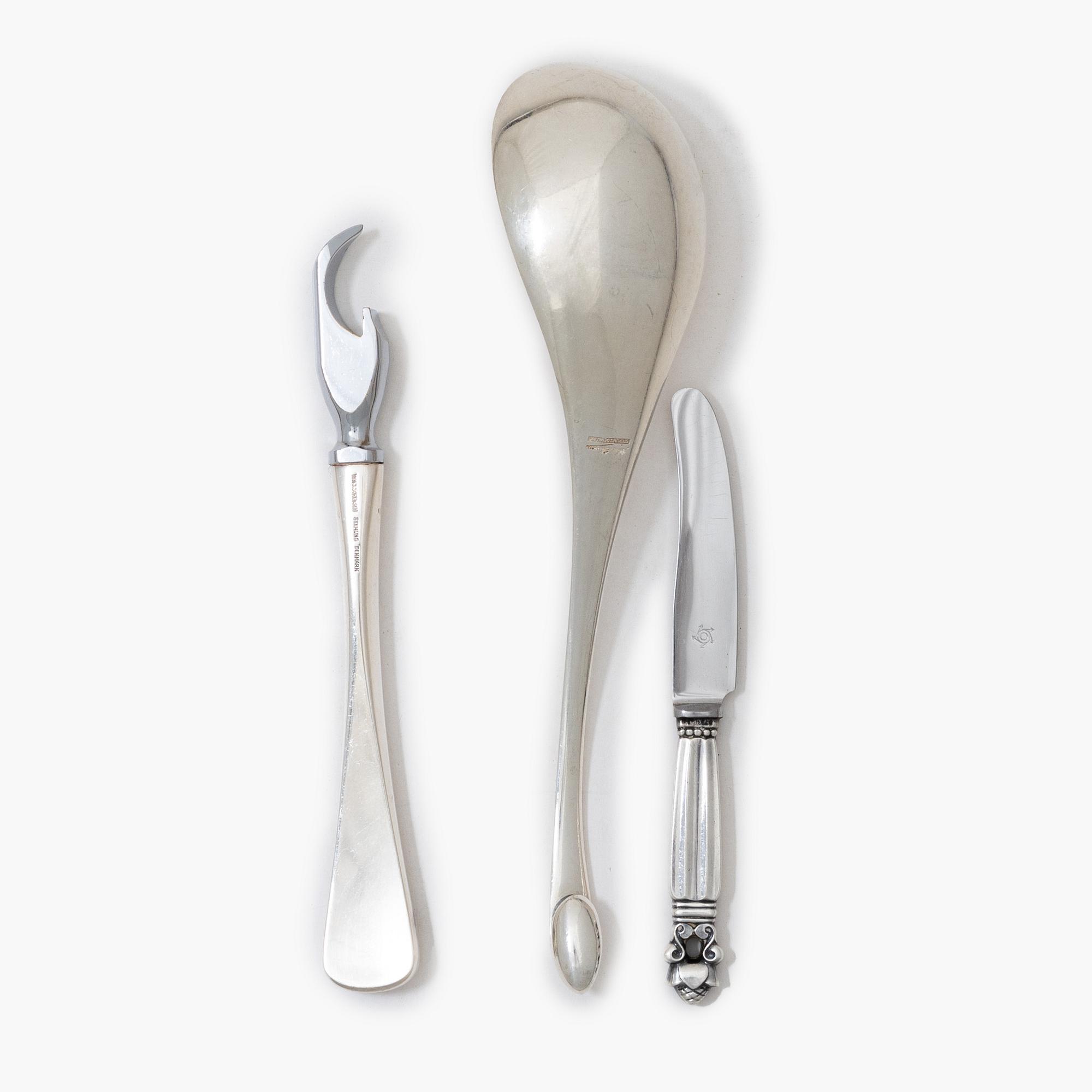 Three silver utensils, Denmark, 20th century.
