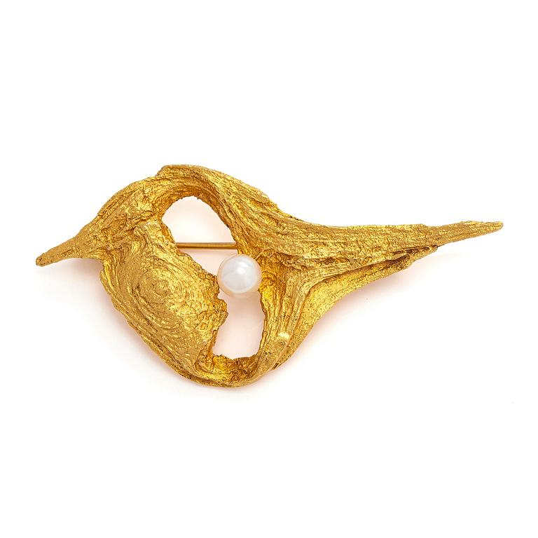 Helky Juvonen, brosch, 14K guld och odlad pärla, Westerback, Helsingfors 1972.