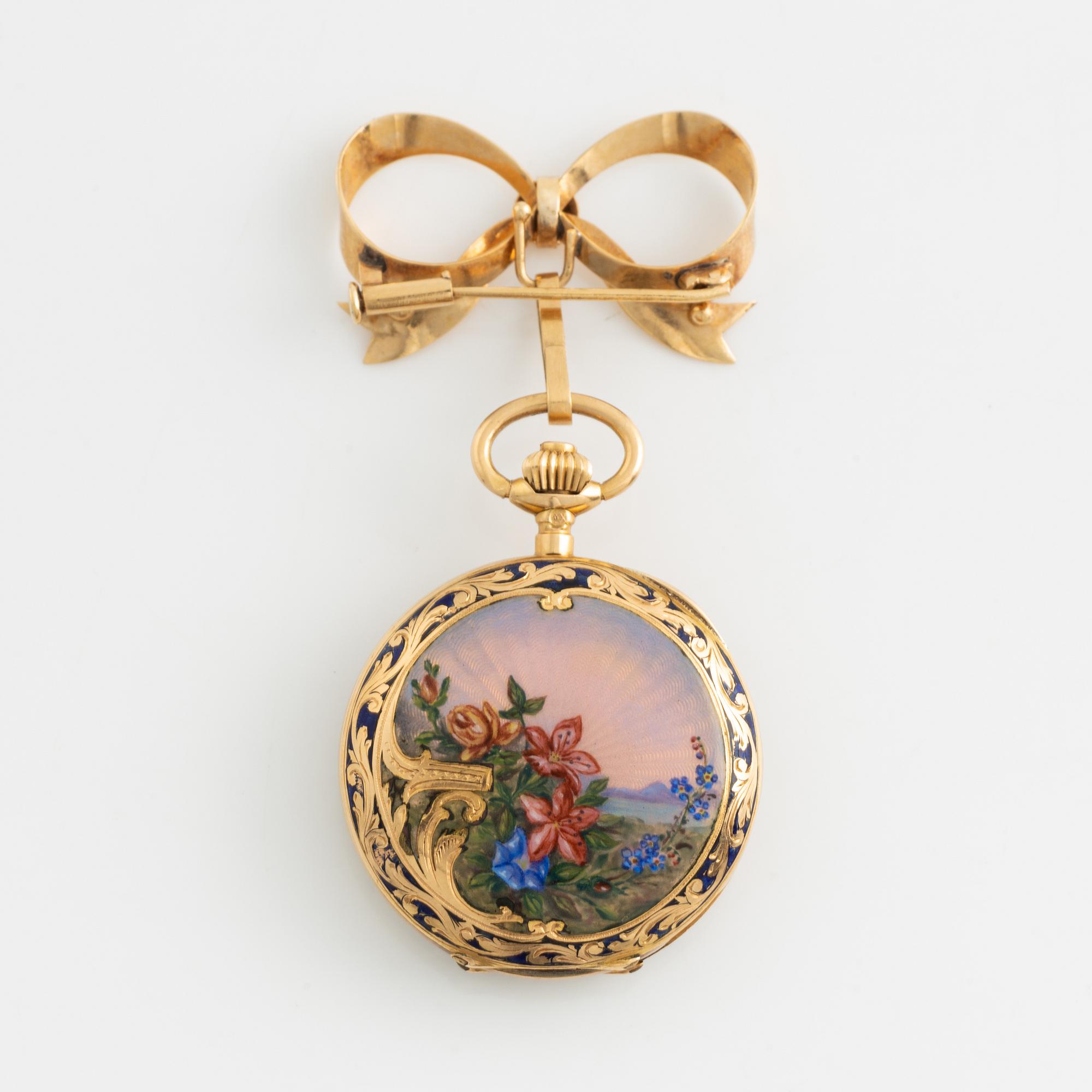 Pocket watch, 18K gold enamel, 29,5 mm.