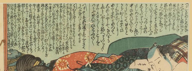 Kunisada III, tillskriven, träsnitt med shungamotiv.