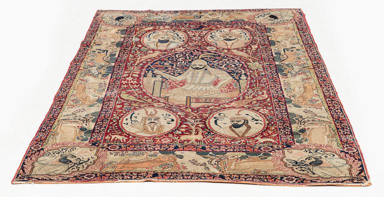 An antique pictoral Kerman Raver rug, c. 212 x 138 cm.