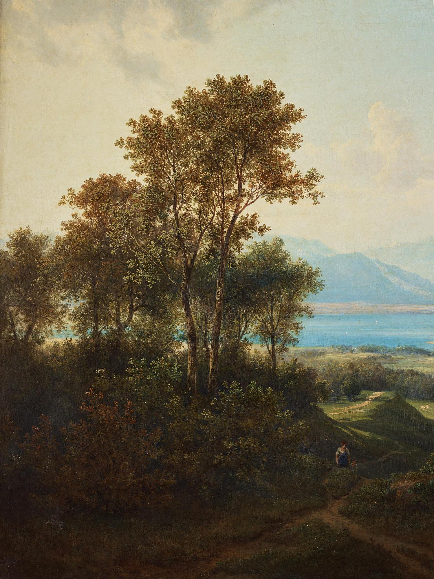 Alplandskap med sjö och slott.