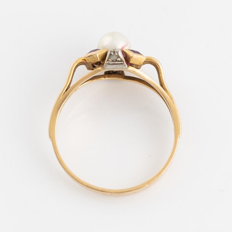 Gold, cultured pearl, rose cut diamond and ruby ring.