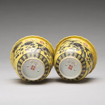 A pair of yellow glazed Dayazhai mark flower pots with stands, Republic, 20th Century.