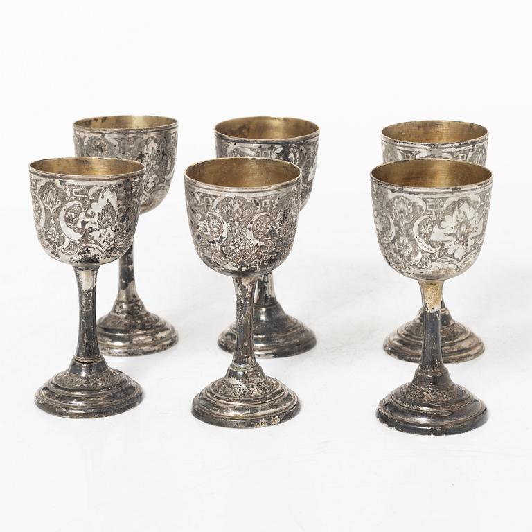 Six silver cups and tray, silver, Iran, 20th century.