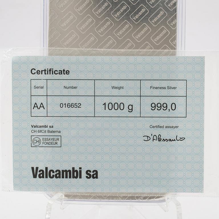 Silver bar 1kg 999 Valcambi Suisse.