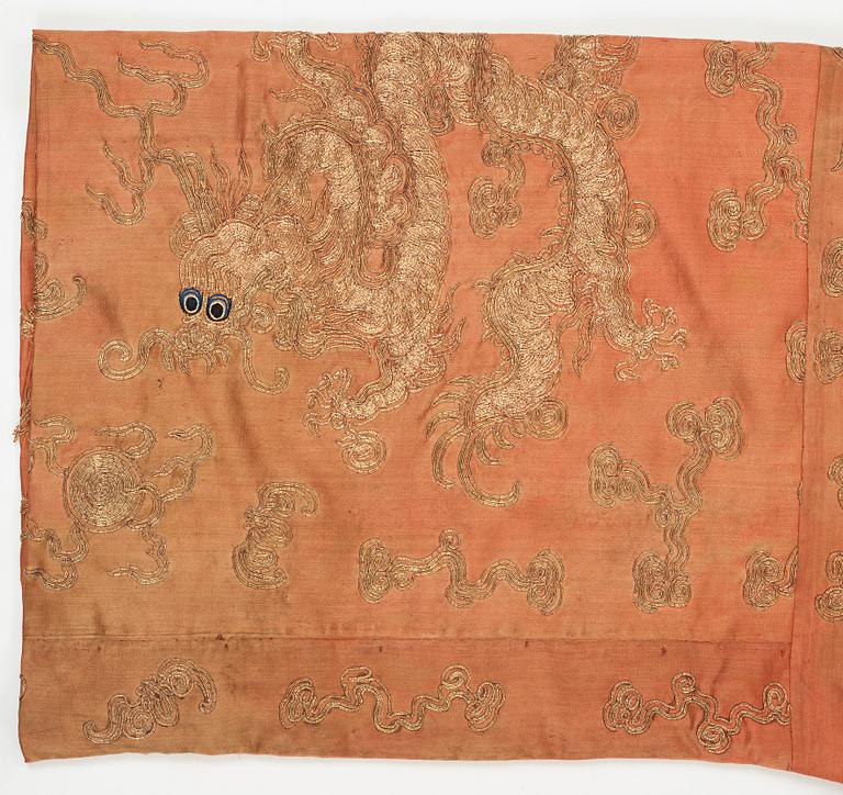 A Chinese Robe, embroidered silk, height 131 cm, late Qing dynasty (1644-1912).