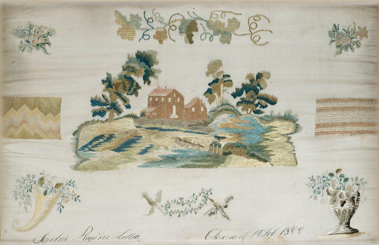 BRODERAD TAVLA, siden. 26,5 x 41 cm. Sverige 1822.