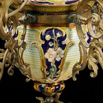 An Oscarian maiolica and brass five-light chandelier, ca. 1900.