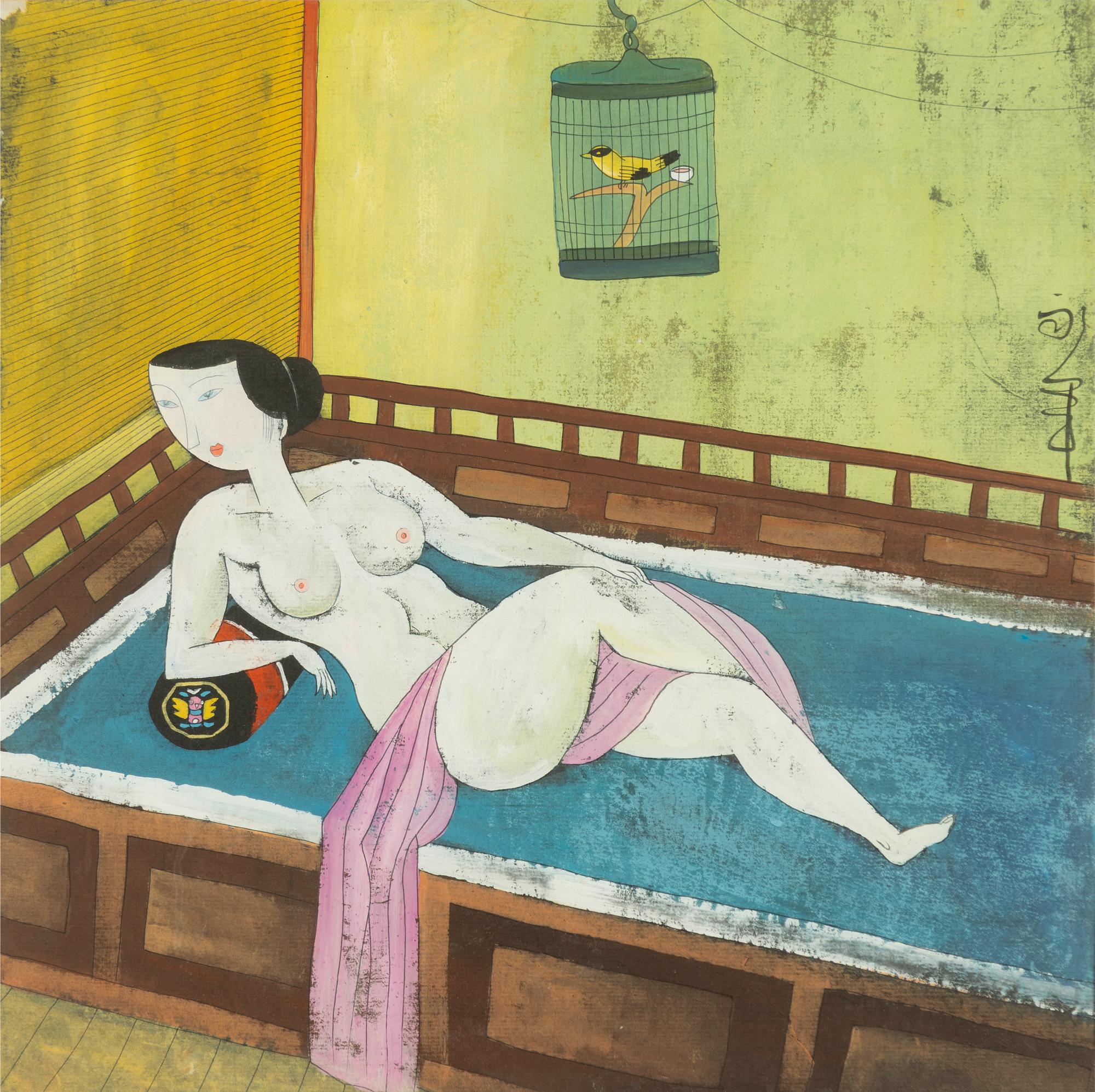 Hu Yonkai, attributed, Portrait of a woman with a bird in a cage.