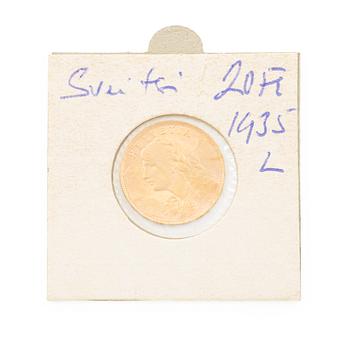 Gold coin, Switzerland, 20 Franc, 1935,