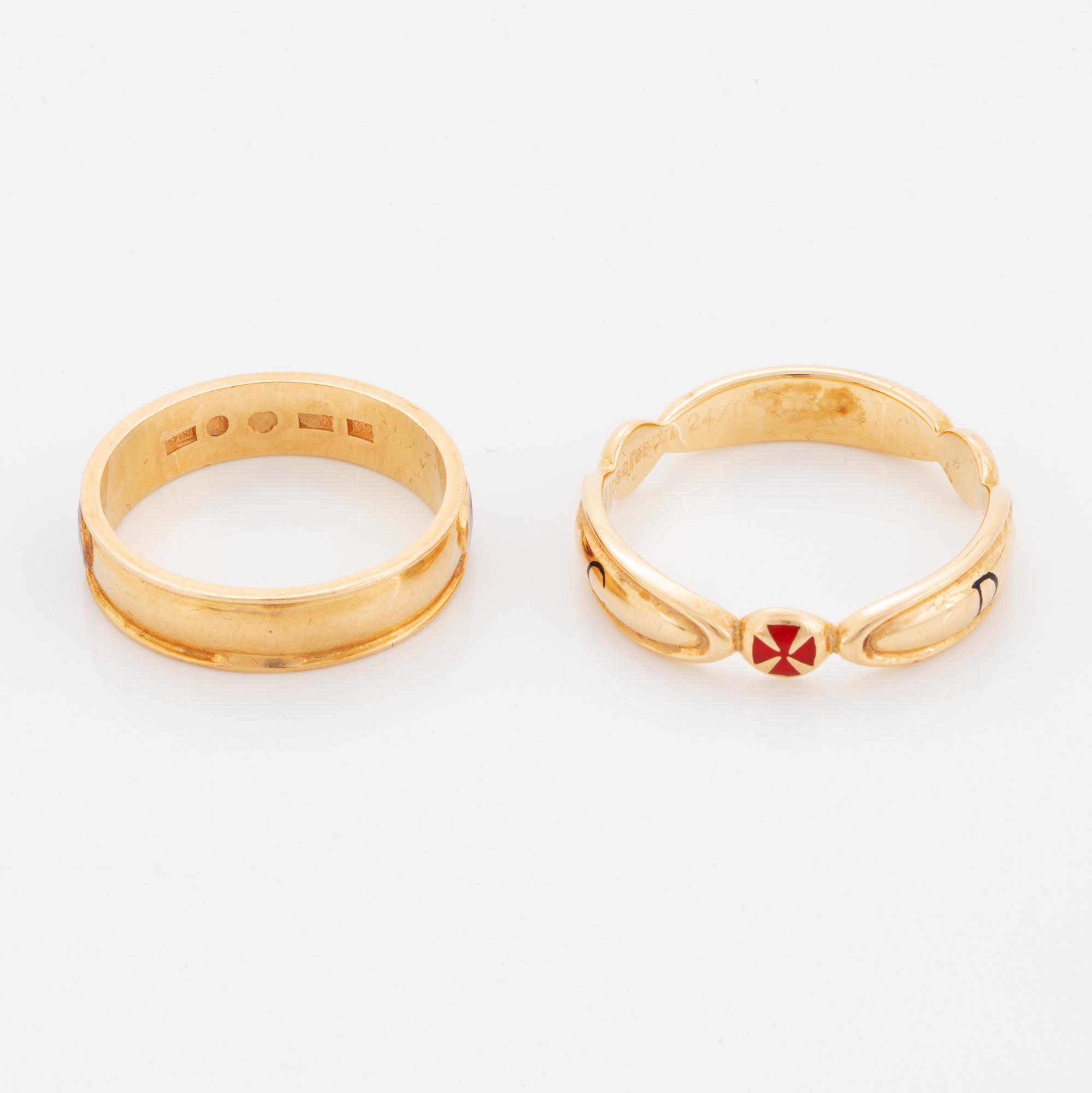 Two rings, 18K gold and enamel.