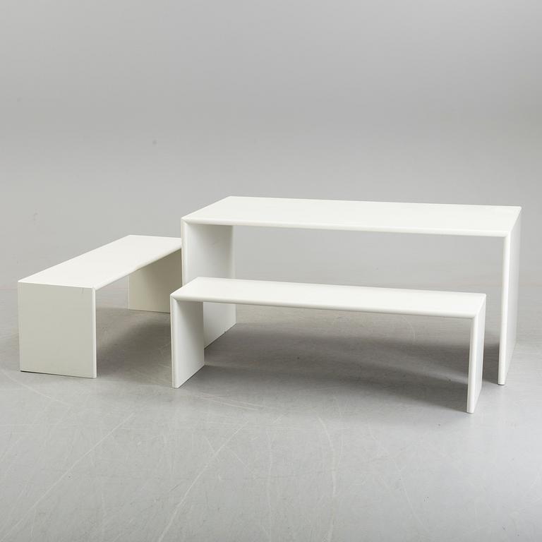 One table and 2 benches "Monterey", 3 pcs, by Peter J Lassen, Montana, 21th century.