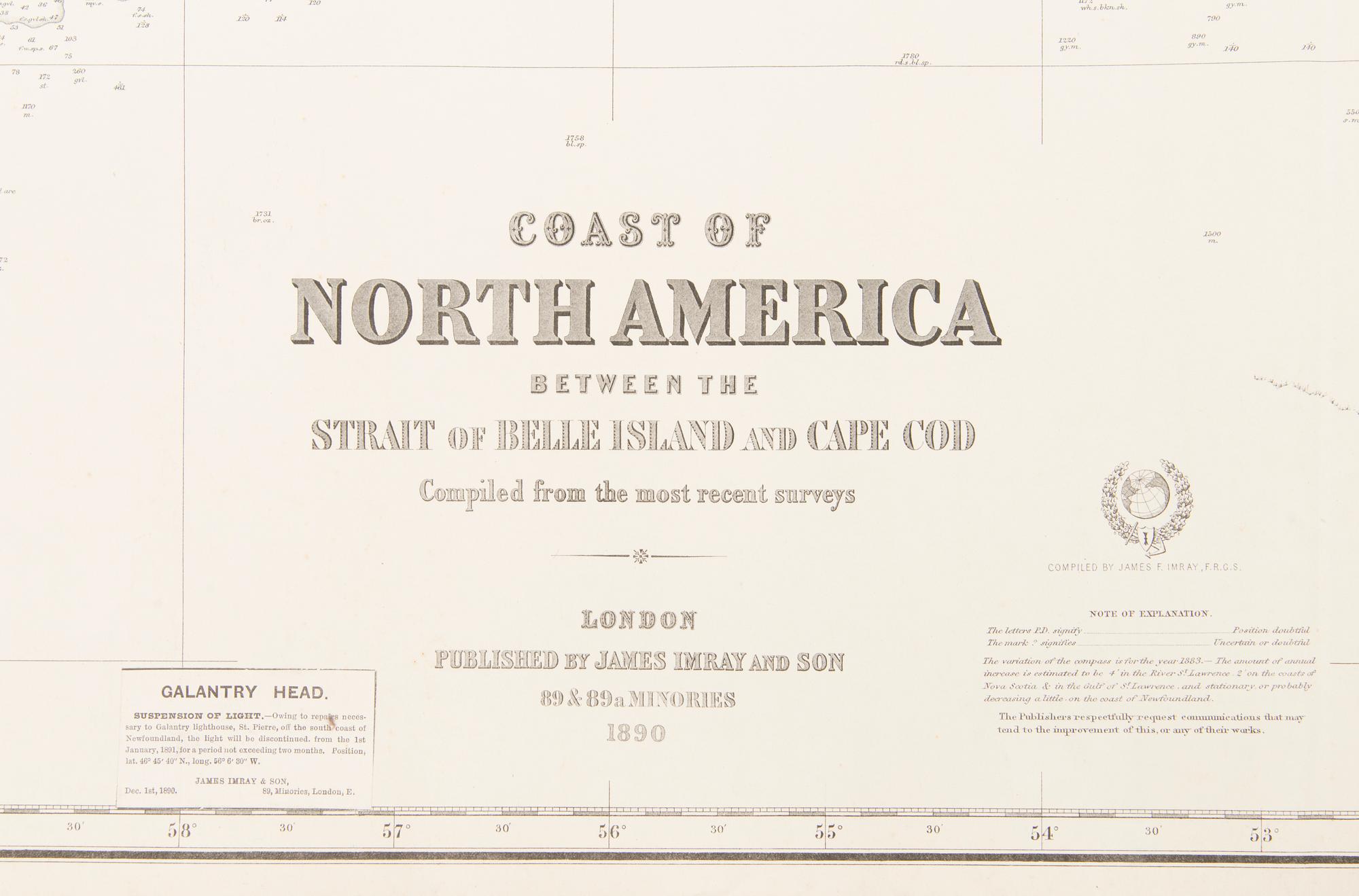 Nautical Chart of the 'Coast of North America between the Strait of Belle Island to Cape Cod', James Imray and Son 1890.