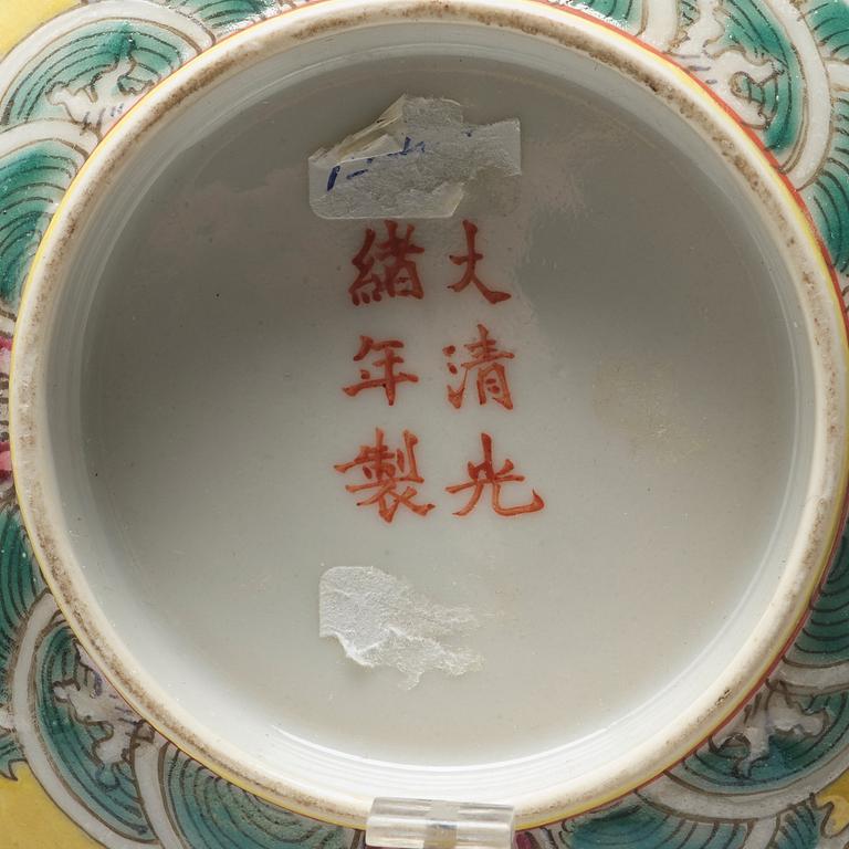 A pair of yellow glazed bowl, Qing dynasty with Guangxu mark in red.