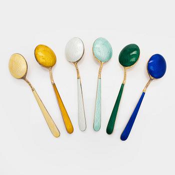 Tillander, a 6-piece set of enamelled gilt sterling silver coffee spoons, Helsinki 1988-1989.