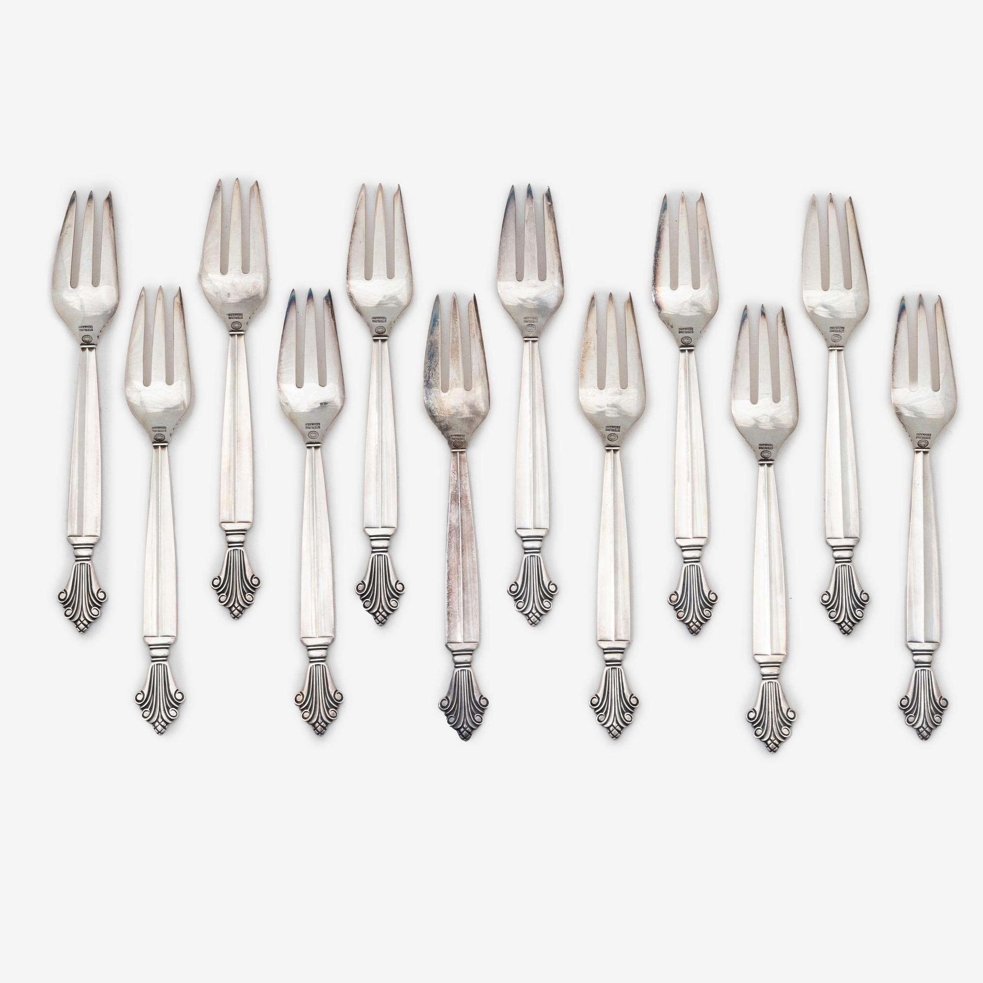 Twelve fruit/dessert forks, silver, Georg Jensen, Denmark, 1925-32.