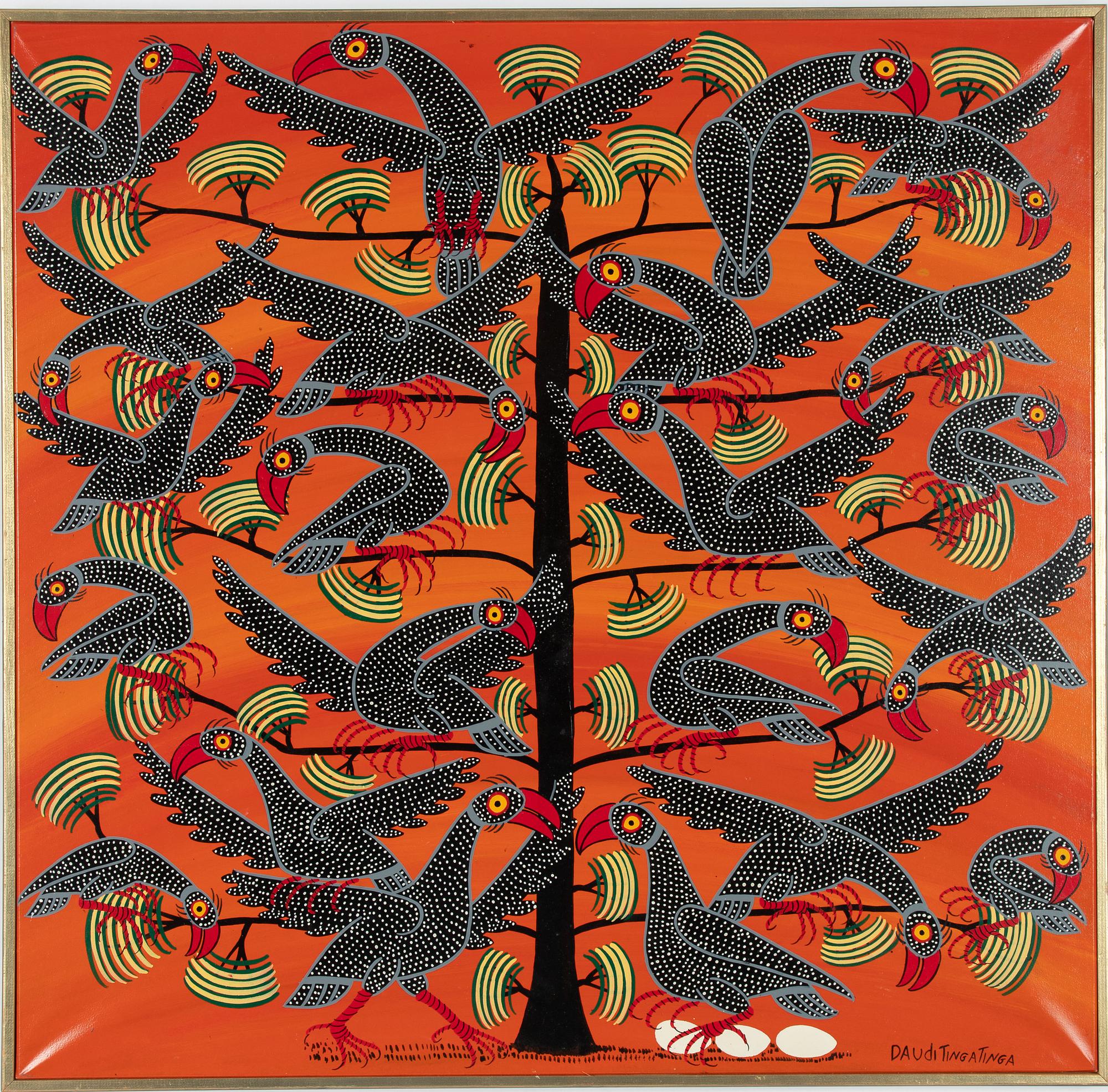 Daudi Tingatinga , Guinea Fowl in Trees,.